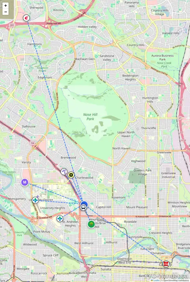 Daily accessibility map for 2419 23 ST NW, Calgary showing nearby schools, grocery stores, parks, LRT stations and nearby amenities