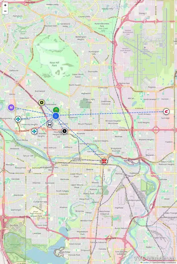 Daily accessibility map for 2628 MORLEY TR NW, Calgary showing nearby schools, grocery stores, parks, LRT stations and nearby amenities