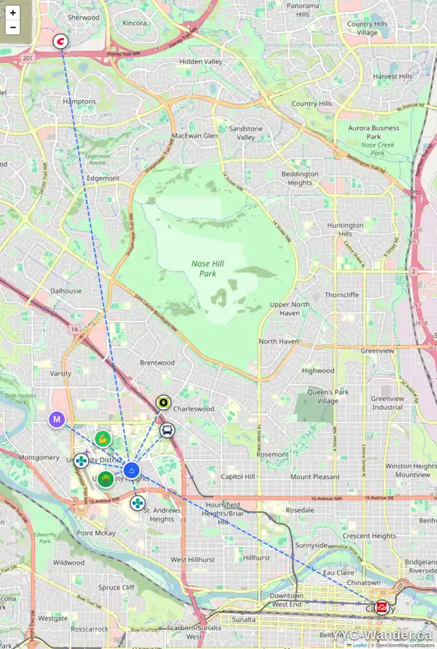 Daily accessibility map for 3304 UNDERHILL DR NW, Calgary showing nearby schools, grocery stores, parks, LRT stations and nearby amenities