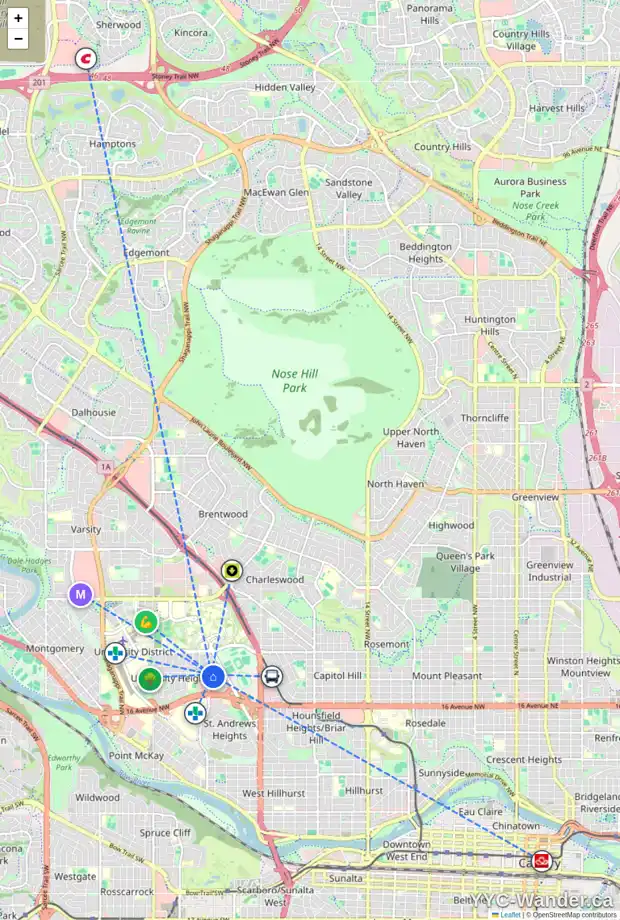 Daily accessibility map for 2929 UNWIN RD NW, Calgary showing nearby schools, grocery stores, parks, LRT stations and nearby amenities