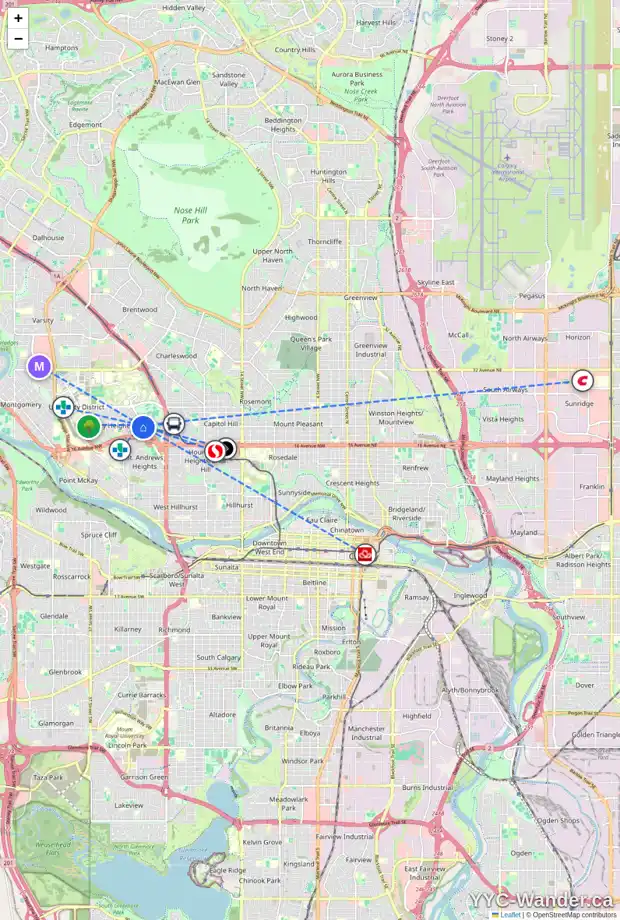 Daily accessibility map for 701 2011 UNIVERSITY DR NW, Calgary showing nearby schools, grocery stores, parks, LRT stations and nearby amenities