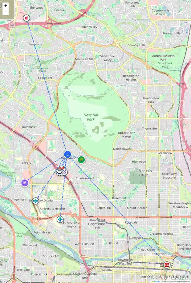 Daily accessibility map for 4623 BRISEBOIS DR NW, Calgary showing nearby schools, grocery stores, parks, LRT stations and nearby amenities