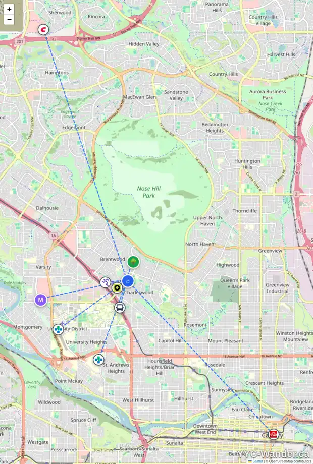 Daily accessibility map for 3831 CHARLESWOOD DR NW, Calgary showing nearby schools, grocery stores, parks, LRT stations and nearby amenities
