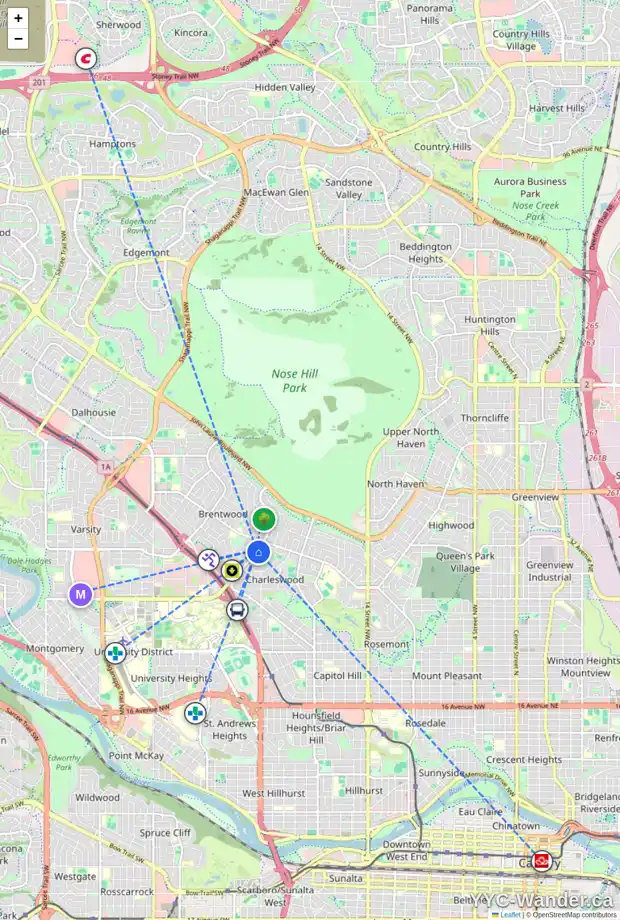 Daily accessibility map for 3903 CHARLESWOOD DR NW, Calgary showing nearby schools, grocery stores, parks, LRT stations and nearby amenities