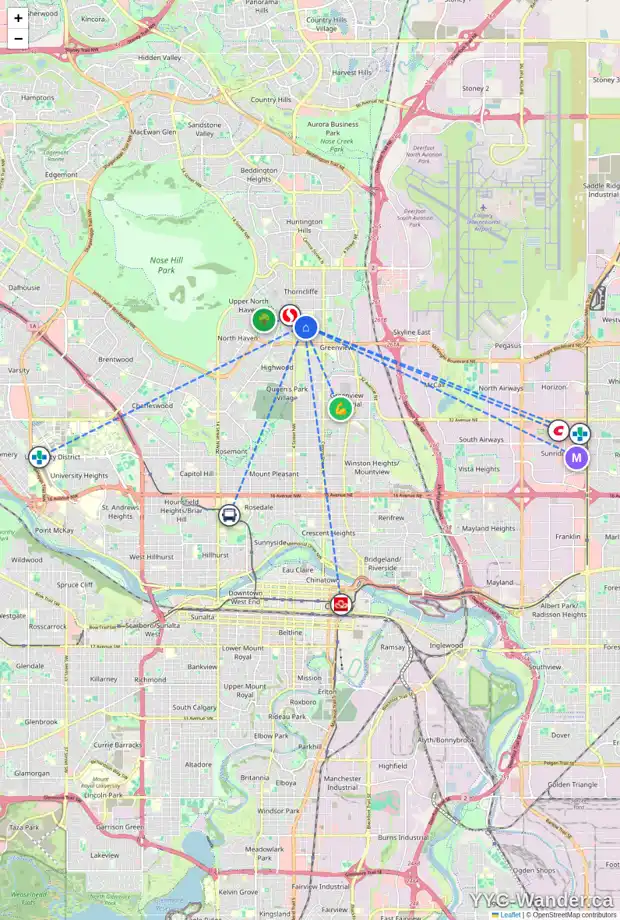 Daily accessibility map for 5320 THORNTON RD NW, Calgary showing nearby schools, grocery stores, parks, LRT stations and nearby amenities