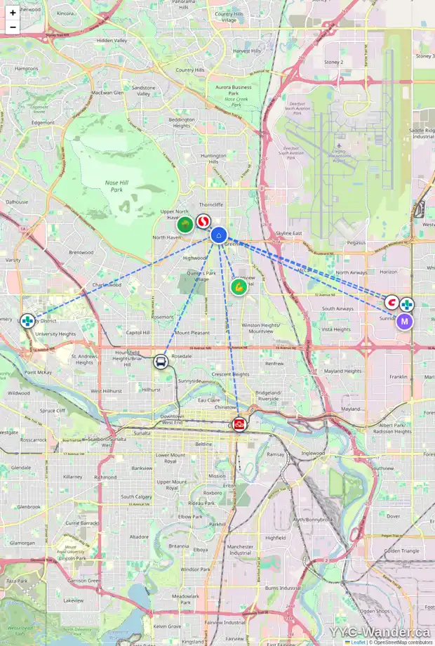 Daily accessibility map for 5316 BUCKTHORN RD NW, Calgary showing nearby schools, grocery stores, parks, LRT stations and nearby amenities