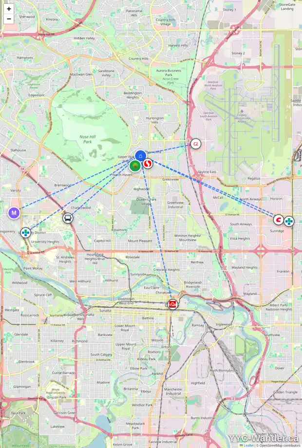Daily accessibility map for 215 THAMES CL NW, Calgary showing nearby schools, grocery stores, parks, LRT stations and nearby amenities