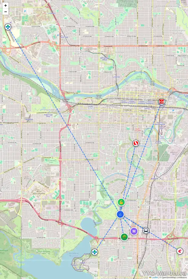 Daily accessibility map for 105 5555 ELBOW DR SW, Calgary showing nearby schools, grocery stores, parks, LRT stations and nearby amenities