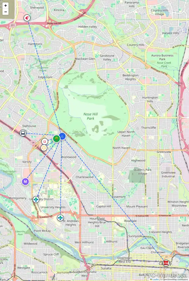Daily accessibility map for 5407 BANNERMAN DR NW, Calgary showing nearby schools, grocery stores, parks, LRT stations and nearby amenities
