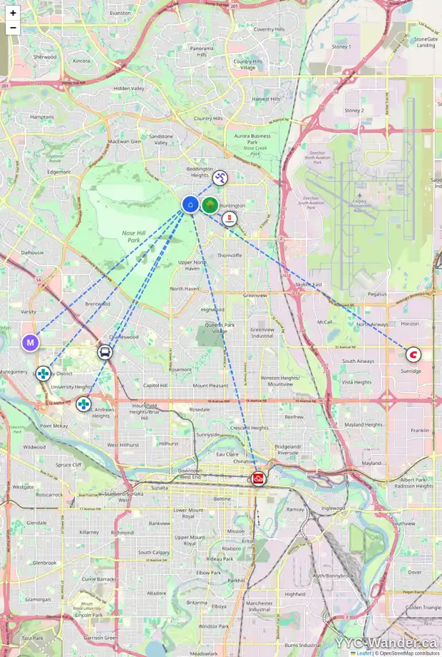 Daily accessibility map for 1235 HUNTERQUAY HL NW, Calgary showing nearby schools, grocery stores, parks, LRT stations and nearby amenities