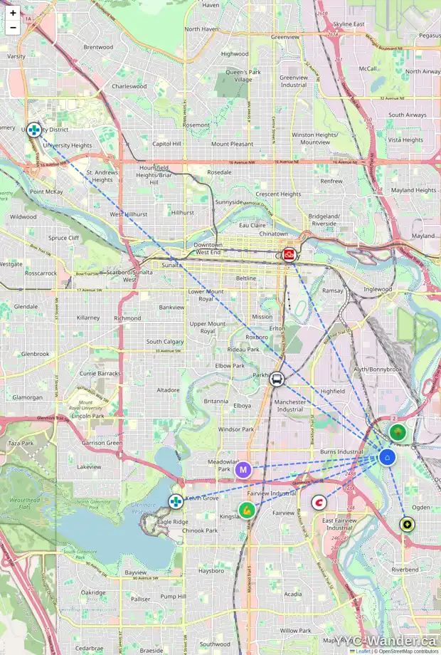 Daily accessibility map for 19 LYNNVIEW CO SE, Calgary showing nearby schools, grocery stores, parks, LRT stations and nearby amenities