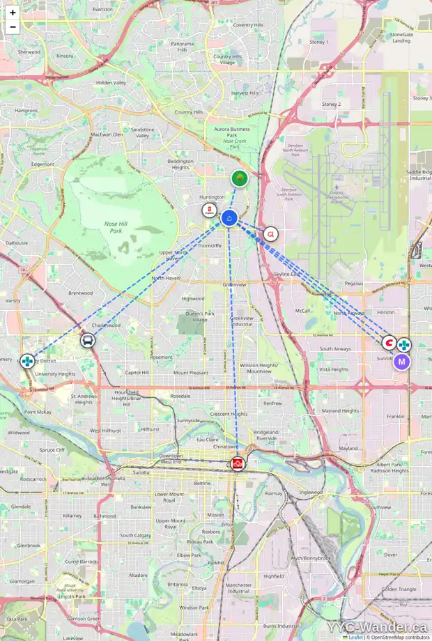 Daily accessibility map for 6824 HUNTRIDGE HL NE, Calgary showing nearby schools, grocery stores, parks, LRT stations and nearby amenities