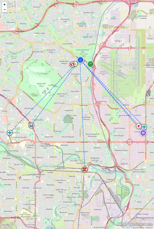 Daily accessibility map for 96 BEDDINGTON CI NE, Calgary showing nearby schools, grocery stores, parks, LRT stations and nearby amenities