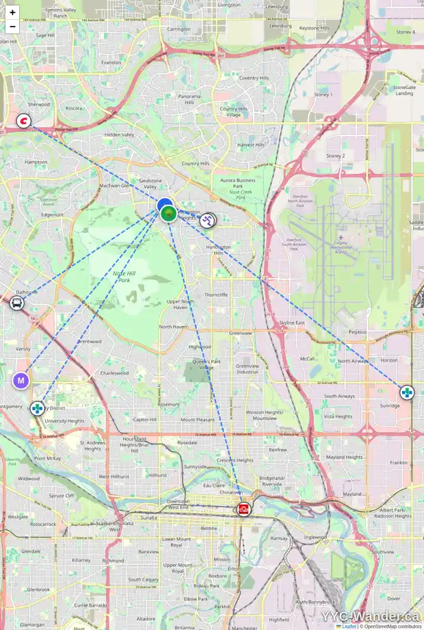 Daily accessibility map for 128 BEARBERRY CR NW, Calgary showing nearby schools, grocery stores, parks, LRT stations and nearby amenities