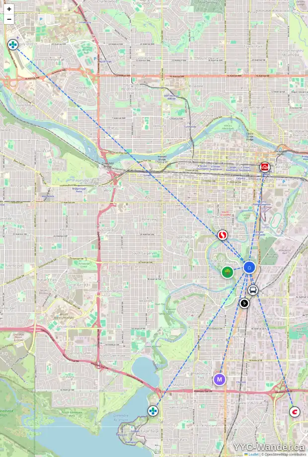 Daily accessibility map for 59 34 AV SW, Calgary showing nearby schools, grocery stores, parks, LRT stations and nearby amenities