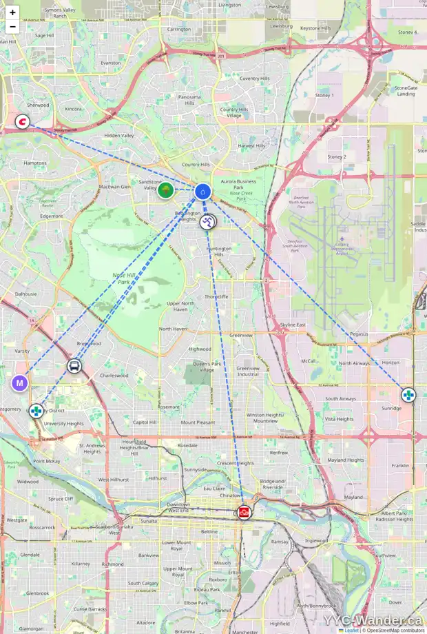 Daily accessibility map for 68 BERNARD WY NW, Calgary showing nearby schools, grocery stores, parks, LRT stations and nearby amenities