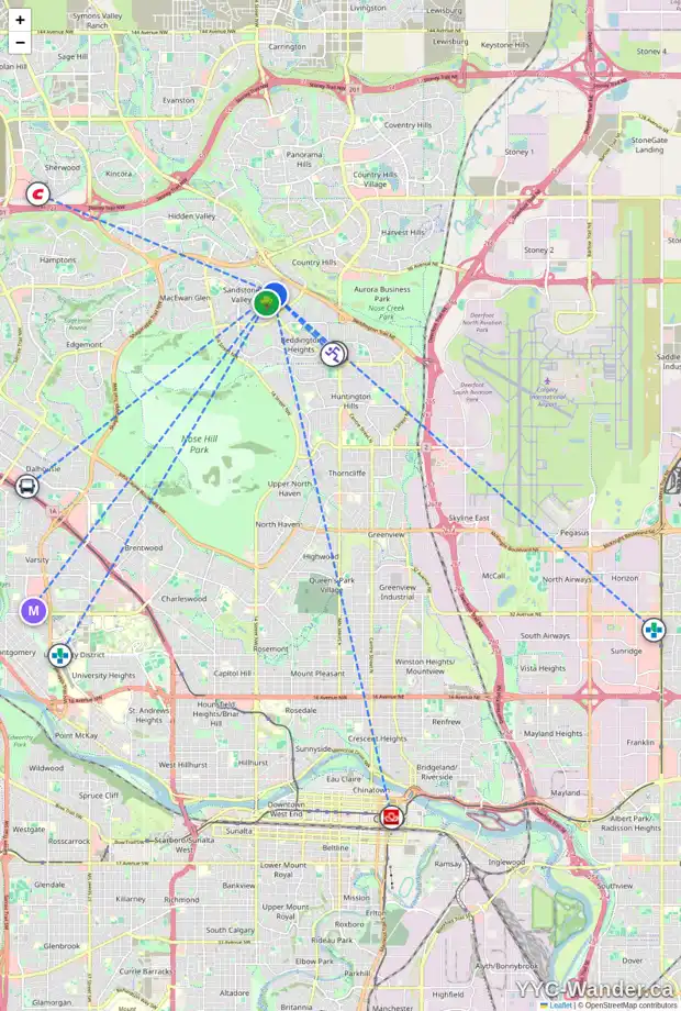 Daily accessibility map for 163 SANDERLING PL NW, Calgary showing nearby schools, grocery stores, parks, LRT stations and nearby amenities