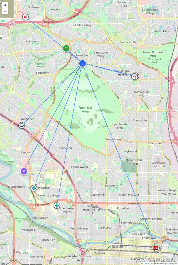 Daily accessibility map for 56 MACEWAN GLEN RD NW, Calgary showing nearby schools, grocery stores, parks, LRT stations and nearby amenities