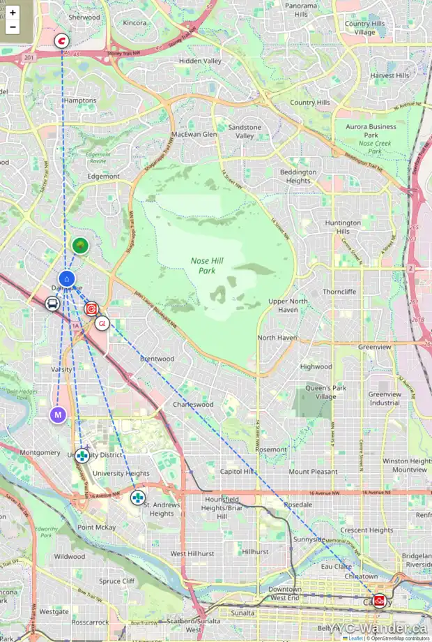 Daily accessibility map for 6039 DALFORD RD NW, Calgary showing nearby schools, grocery stores, parks, LRT stations and nearby amenities