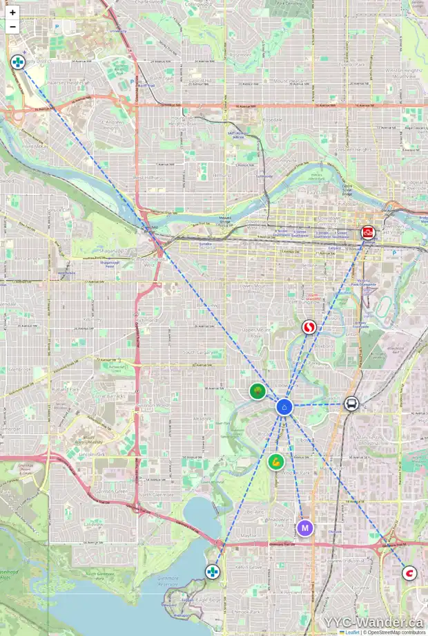 Daily accessibility map for 619 RIVERDALE AV SW, Calgary showing nearby schools, grocery stores, parks, LRT stations and nearby amenities