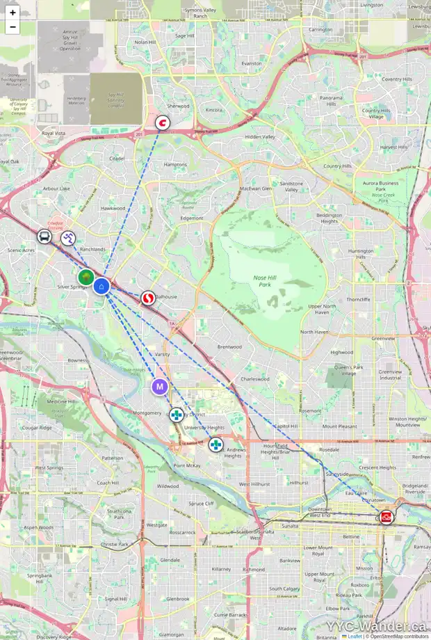 Daily accessibility map for 159 SILVER SPRINGS DR NW, Calgary showing nearby schools, grocery stores, parks, LRT stations and nearby amenities