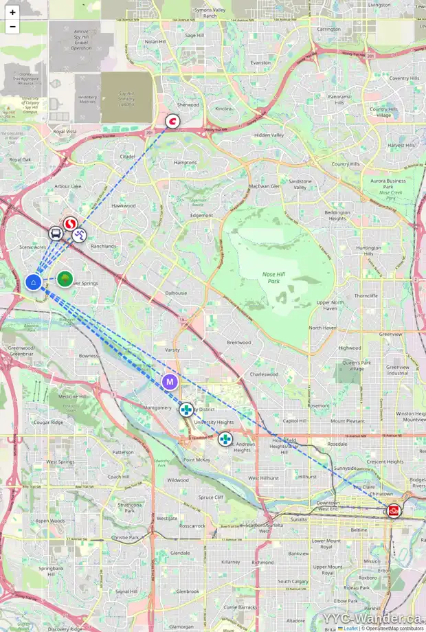 Daily accessibility map for 20 SCENIC RIDGE CR NW, Calgary showing nearby schools, grocery stores, parks, LRT stations and nearby amenities
