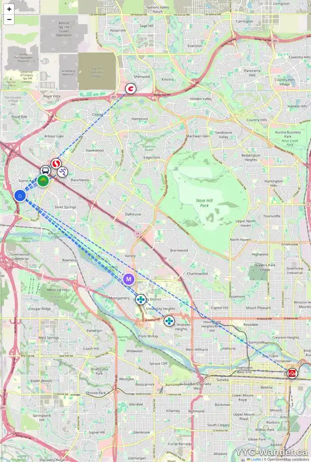 Daily accessibility map for 32 SCHILLER CR NW, Calgary showing nearby schools, grocery stores, parks, LRT stations and nearby amenities