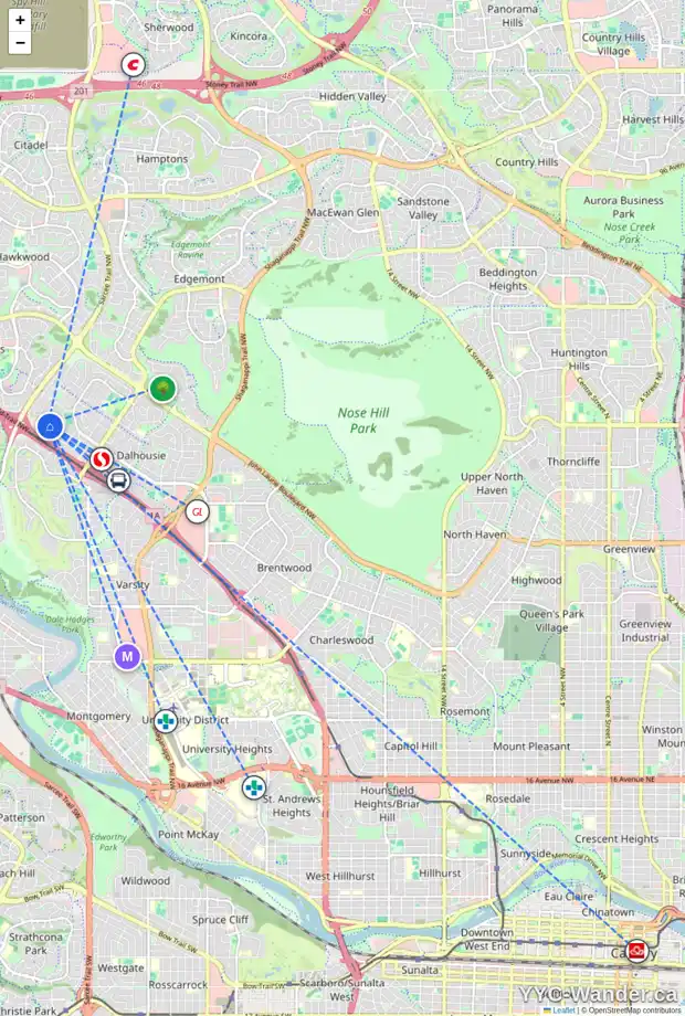 Daily accessibility map for 6027 DALCASTLE DR NW, Calgary showing nearby schools, grocery stores, parks, LRT stations and nearby amenities