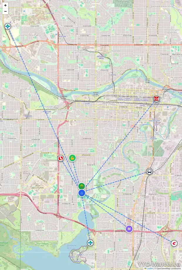 Daily accessibility map for 5003 17 ST SW, Calgary showing nearby schools, grocery stores, parks, LRT stations and nearby amenities