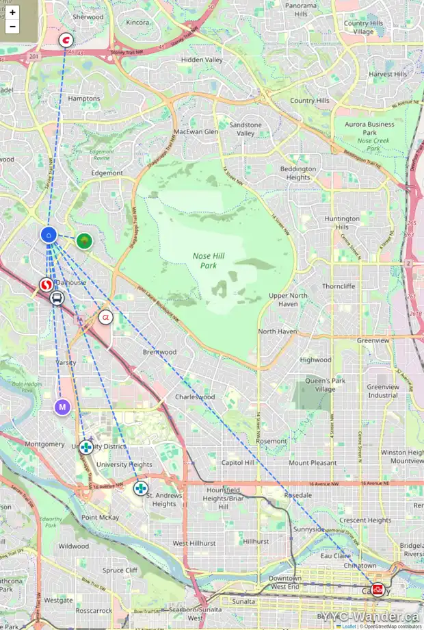 Daily accessibility map for 656 DALMENY HL NW, Calgary showing nearby schools, grocery stores, parks, LRT stations and nearby amenities