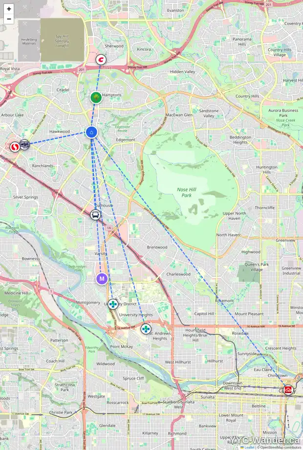 Daily accessibility map for 327 HAWKHILL PL NW, Calgary showing nearby schools, grocery stores, parks, LRT stations and nearby amenities