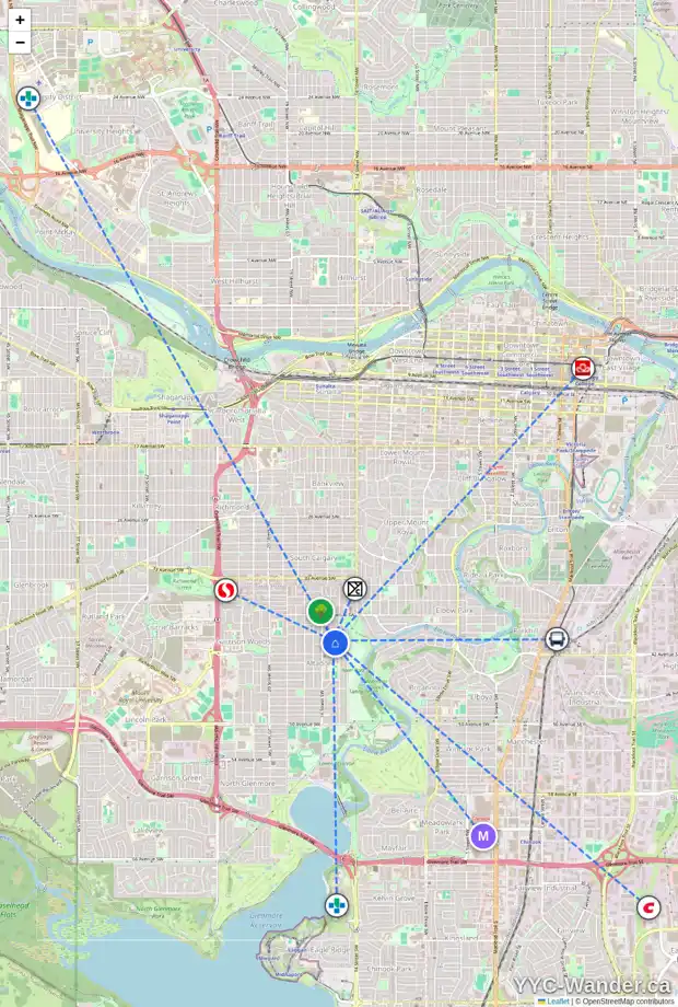 Daily accessibility map for 4120 15A ST SW, Calgary showing nearby schools, grocery stores, parks, LRT stations and nearby amenities
