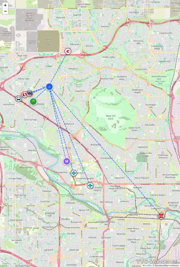 Daily accessibility map for 481 HAWKFORD WY NW, Calgary showing nearby schools, grocery stores, parks, LRT stations and nearby amenities