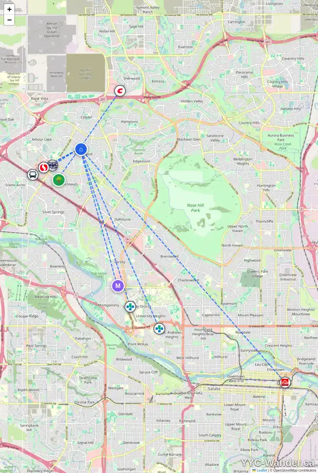 Daily accessibility map for 133 HAWKBURY CL NW, Calgary showing nearby schools, grocery stores, parks, LRT stations and nearby amenities