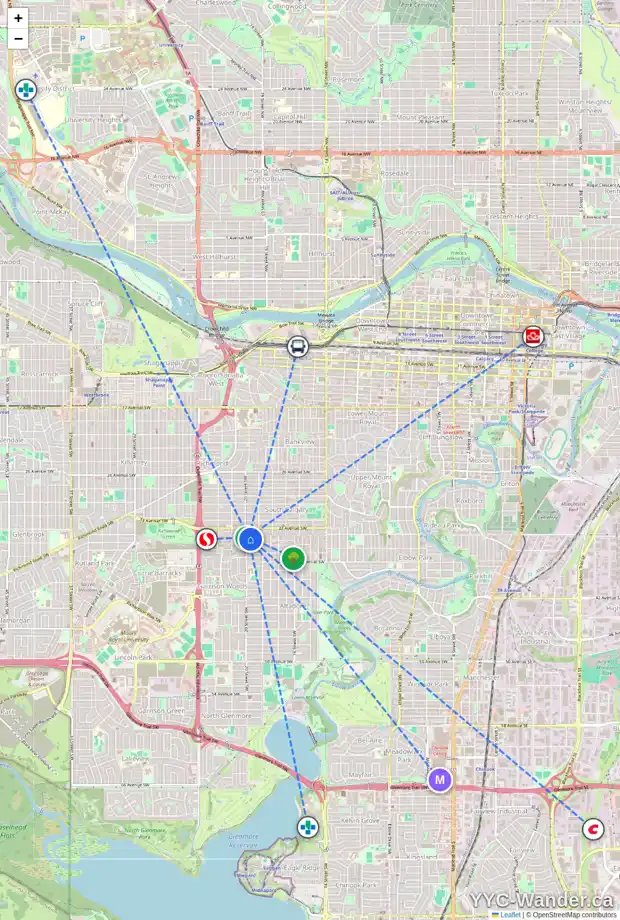 Daily accessibility map for 2043 34 AV SW, Calgary showing nearby schools, grocery stores, parks, LRT stations and nearby amenities