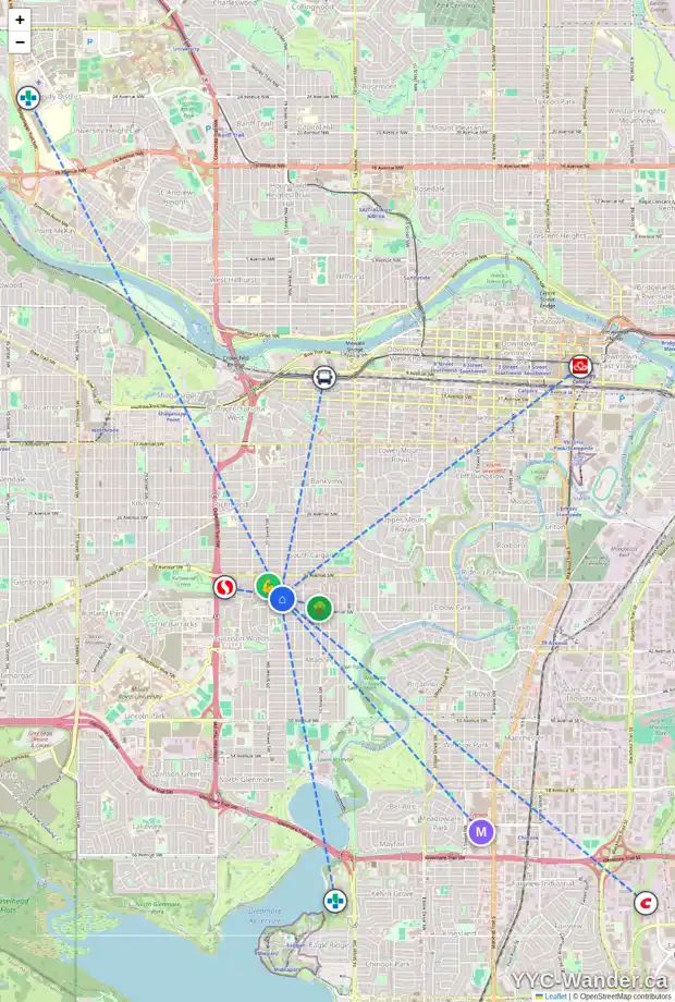 Daily accessibility map for 2016 36 AV SW, Calgary showing nearby schools, grocery stores, parks, LRT stations and nearby amenities