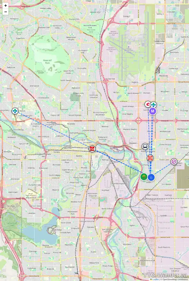 Daily accessibility map for 3230 32A AV SE, Calgary showing nearby schools, grocery stores, parks, LRT stations and nearby amenities