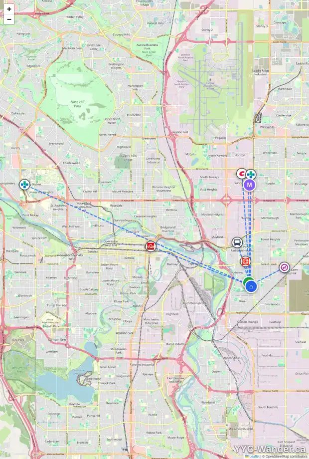 Daily accessibility map for 3032 33A ST SE, Calgary showing nearby schools, grocery stores, parks, LRT stations and nearby amenities