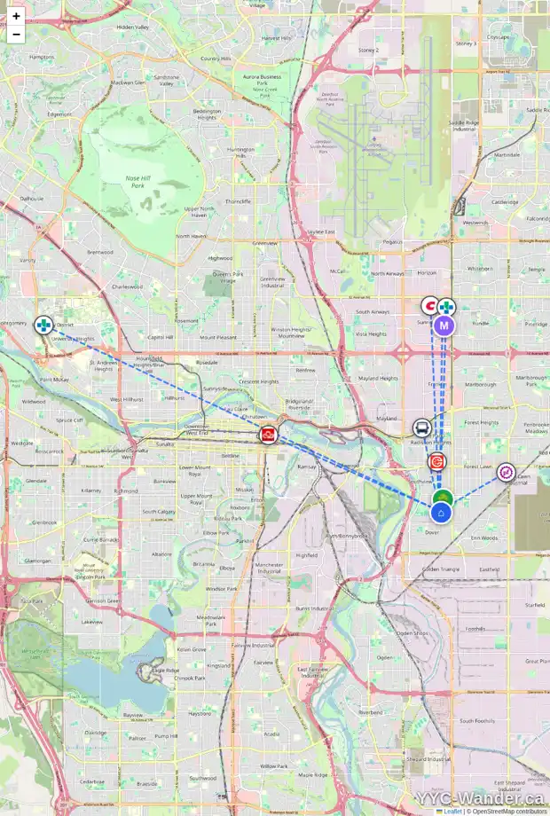 Daily accessibility map for 3227 30A AV SE, Calgary showing nearby schools, grocery stores, parks, LRT stations and nearby amenities