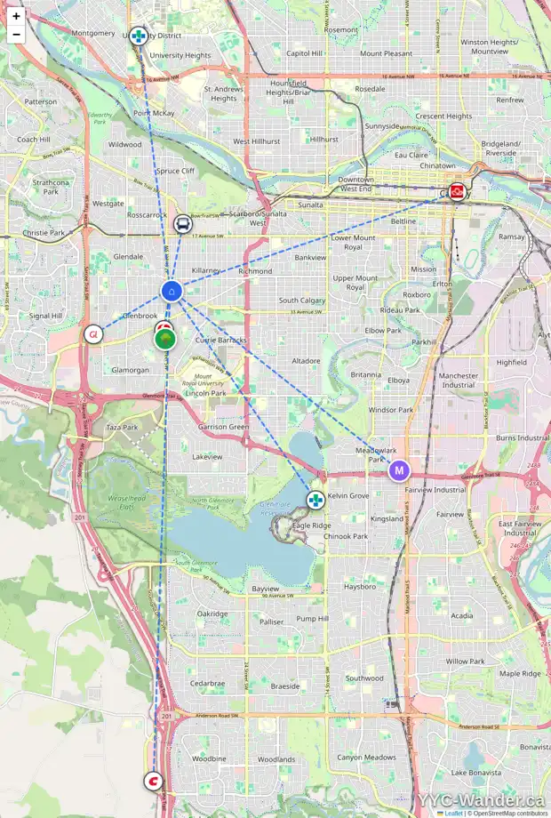 Daily accessibility map for 3011 36 ST SW, Calgary showing nearby schools, grocery stores, parks, LRT stations and nearby amenities