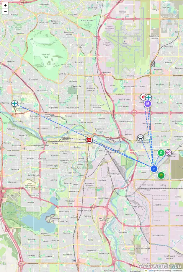 Daily accessibility map for 58 DOVERCLIFFE CL SE, Calgary showing nearby schools, grocery stores, parks, LRT stations and nearby amenities