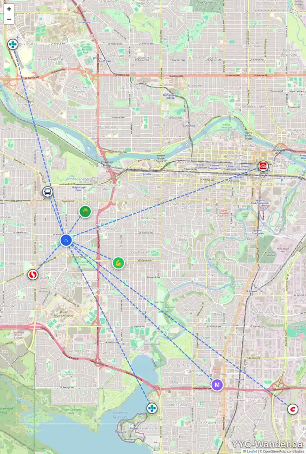 Daily accessibility map for 2829 29 ST SW, Calgary showing nearby schools, grocery stores, parks, LRT stations and nearby amenities