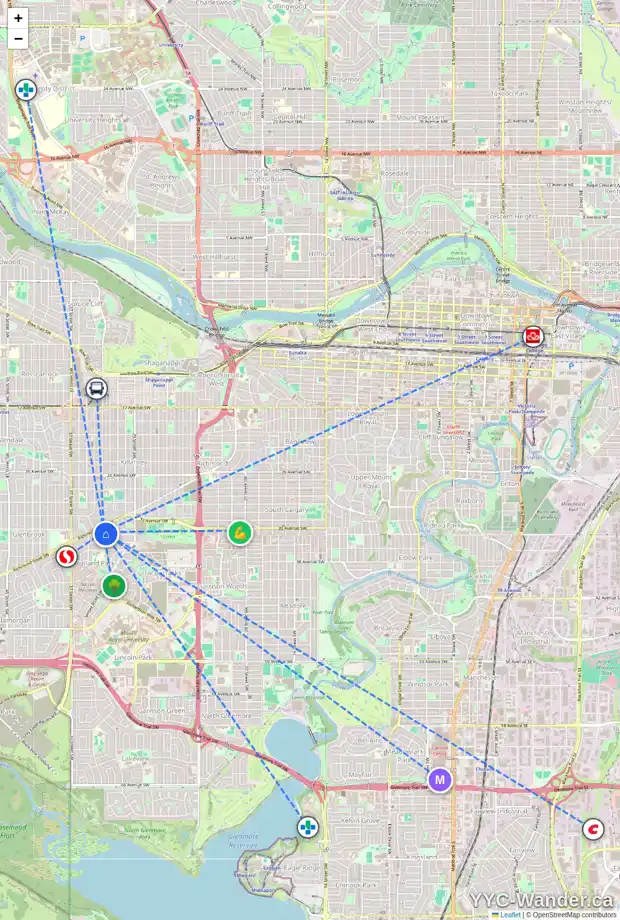 Daily accessibility map for 3320 34 AV SW, Calgary showing nearby schools, grocery stores, parks, LRT stations and nearby amenities