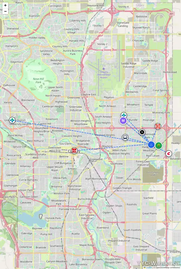 Daily accessibility map for 100 PENSVILLE RD SE, Calgary showing nearby schools, grocery stores, parks, LRT stations and nearby amenities