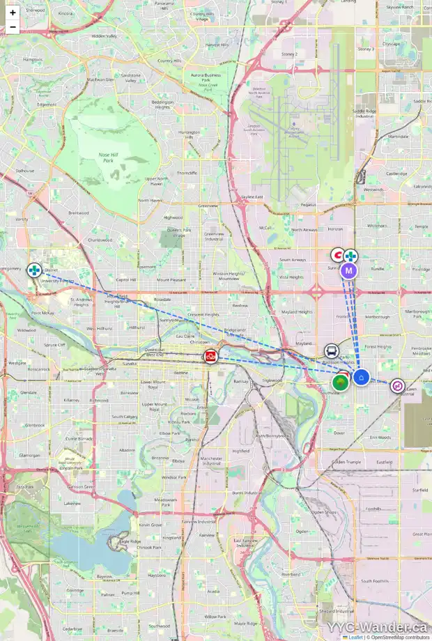 Daily accessibility map for 1539 38 ST SE, Calgary showing nearby schools, grocery stores, parks, LRT stations and nearby amenities