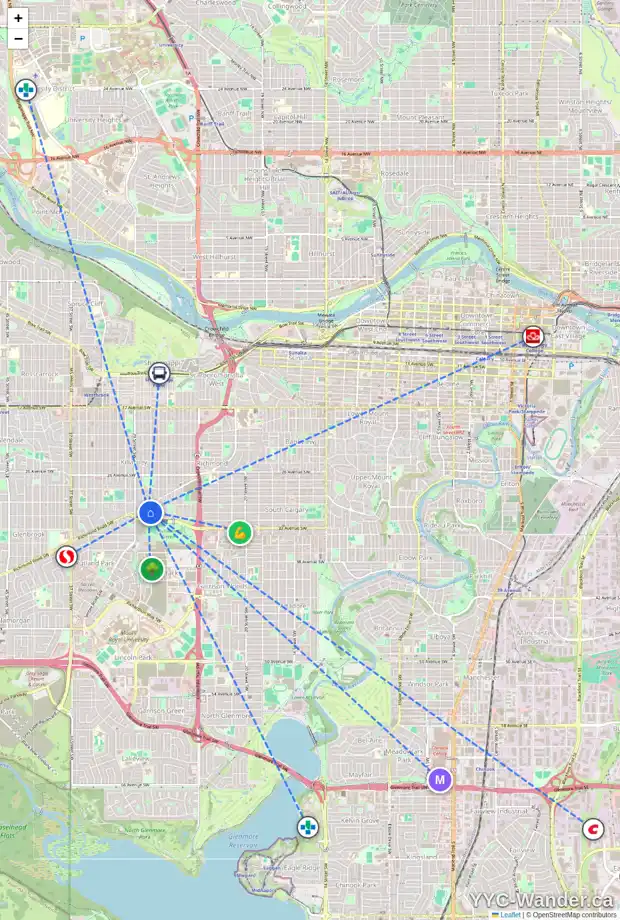Daily accessibility map for 3219 27 ST SW, Calgary showing nearby schools, grocery stores, parks, LRT stations and nearby amenities