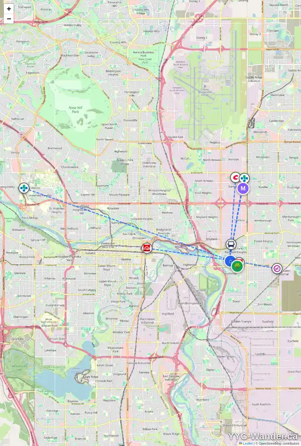 Daily accessibility map for 6 2801 14 AV SE, Calgary showing nearby schools, grocery stores, parks, LRT stations and nearby amenities