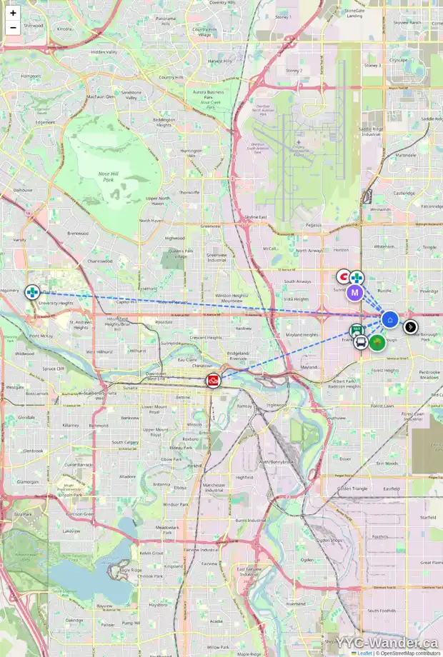 Daily accessibility map for 8 MARDALE CR NE, Calgary showing nearby schools, grocery stores, parks, LRT stations and nearby amenities