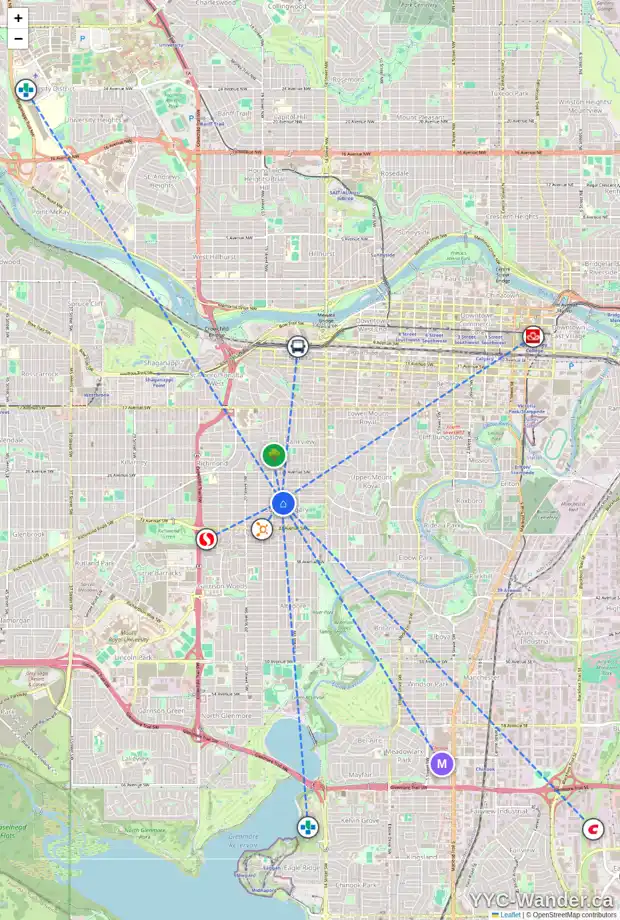 Daily accessibility map for 1814 30 AV SW, Calgary showing nearby schools, grocery stores, parks, LRT stations and nearby amenities