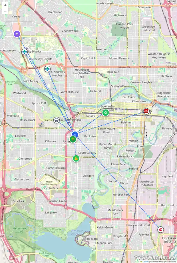 Daily accessibility map for 2109 RICHMOND RD SW, Calgary showing nearby schools, grocery stores, parks, LRT stations and nearby amenities